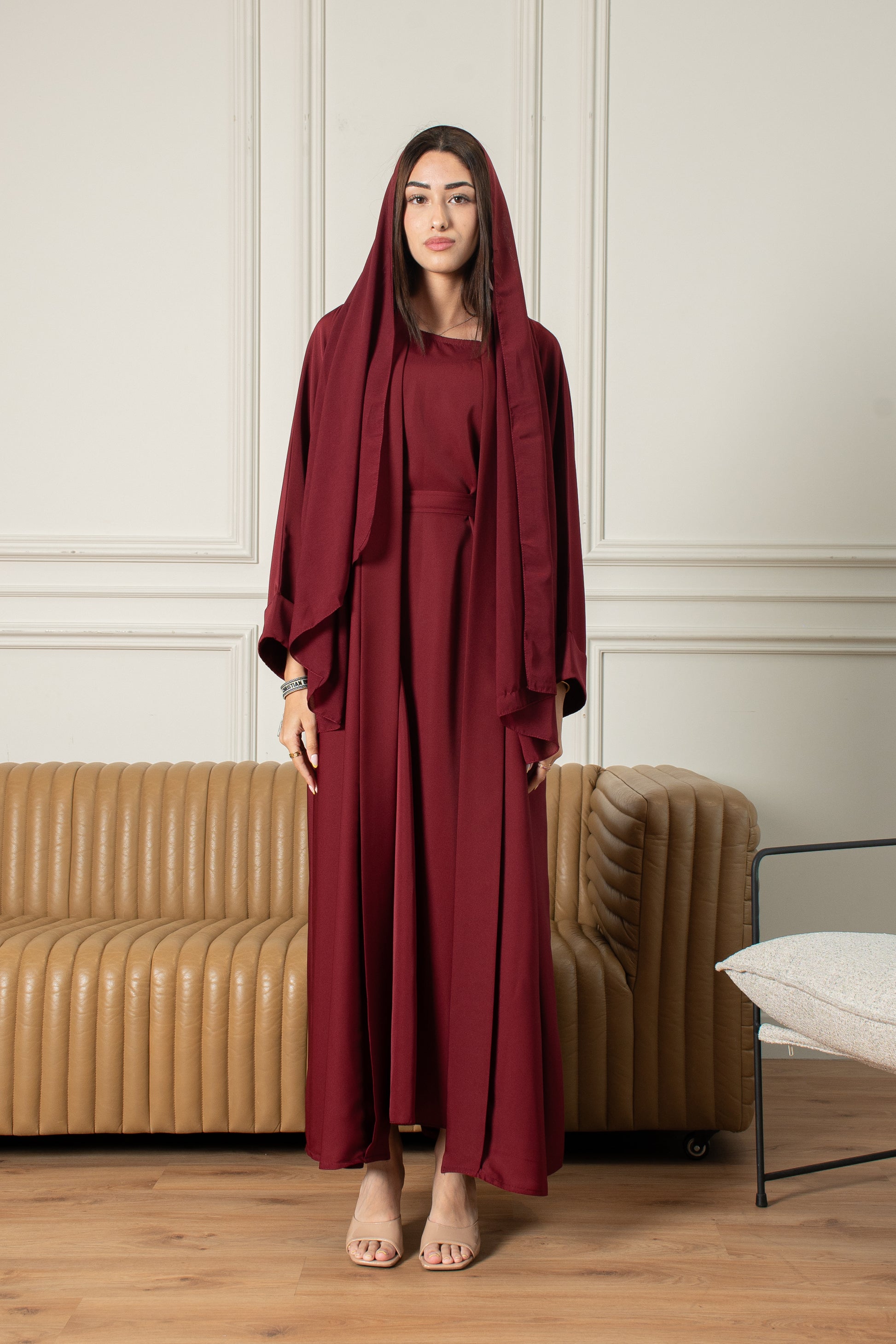 burgundy abaya dress Two Piece Open Abaya With Slip Burgundy